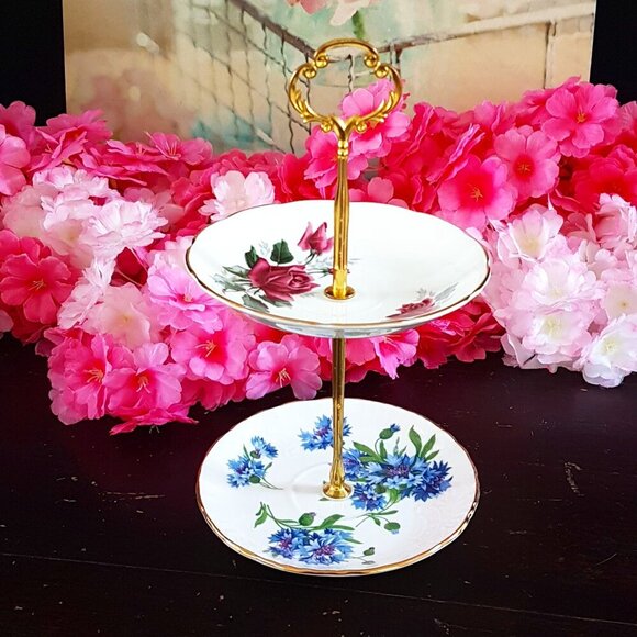 Handmade 2 Tier Cake Stand Bone China Jewelry Trinket Tray Tea Party Decor Gift - Picture 1 of 7